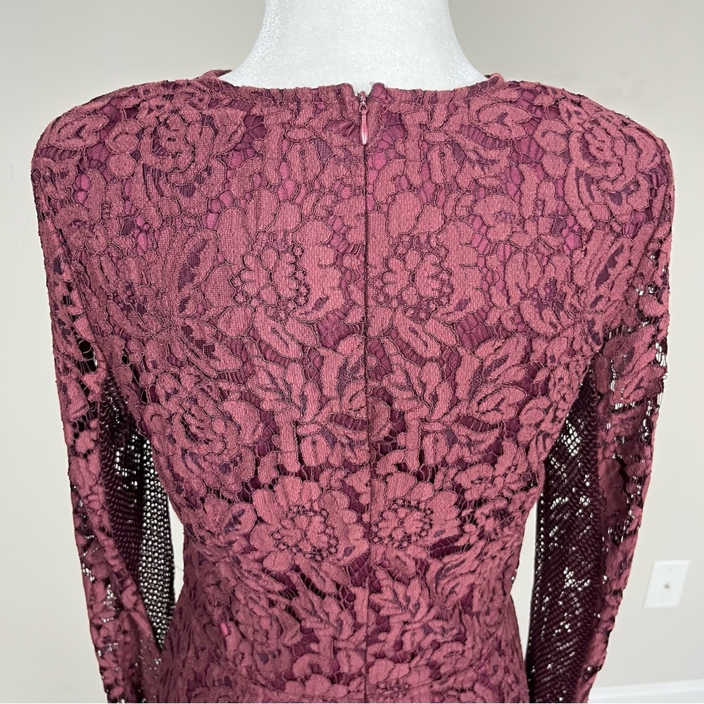 TOBI RAVEN WINE LACE BODYCON LONG SLEEVE MINI DRESS PLUNGE ILLUSION NECK LARGE - Picture 15 of 16